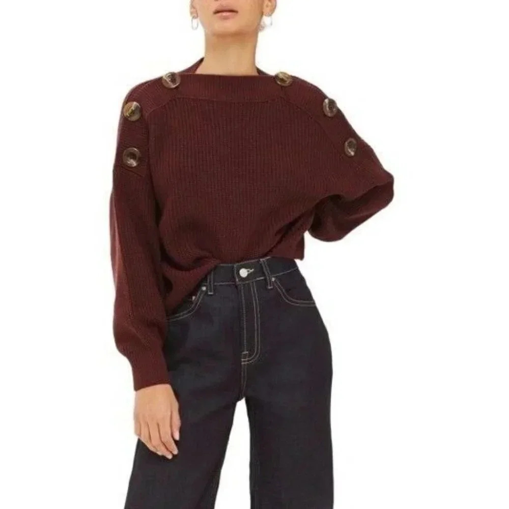 TOPSHOP BUTTON SLASH KNIT SWEATER IN BURGUNDY
